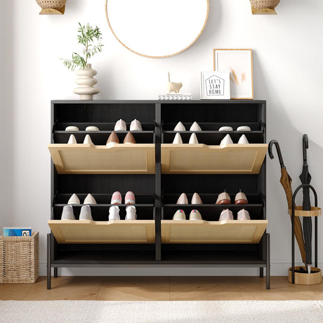 Algglobuy Large Rattan Shoe Cabinet Storage with 4 Flip Drawers & 3-Tier Adjustable Shelves, Slim Shoe Cabinet for Entryway, Modern Hidden Shoe Rack Cabinet, Black Algglobuy