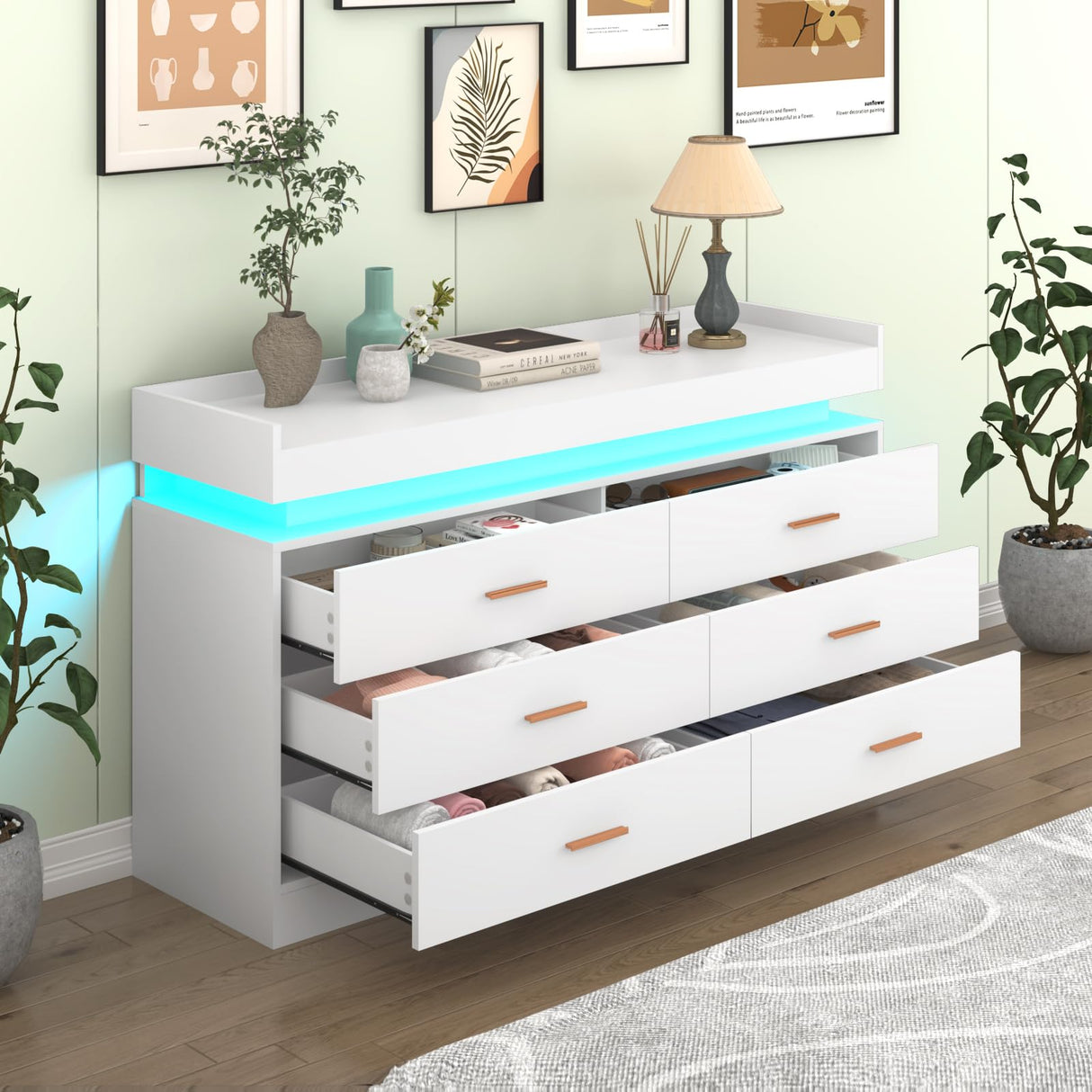 Hlivelood 6 Drawer Dresser with LED Light and Charging Station, Modern Chest of Drawers for Closet, Wide Drawer Organizer Cabinet for Bedroom, Living Room, Entryway, Hallway(6 Drawer White) Hlivelood