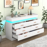 Hlivelood 6 Drawer Dresser with LED Light and Charging Station, Modern Chest of Drawers for Closet, Wide Drawer Organizer Cabinet for Bedroom, Living Room, Entryway, Hallway(6 Drawer White) Hlivelood