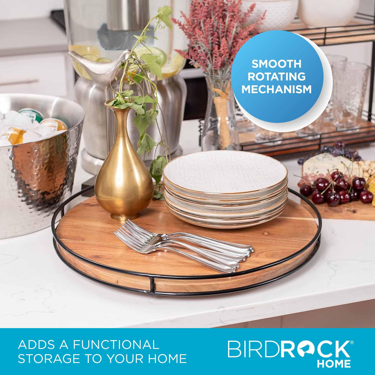 BIRDROCK HOME Wooden Lazy Susan Turntable - Countertop, Cabinet, and Table Organizer, Smooth Rotating Spice Rack, Iron-Edged Tray for Kitchen, Pantry and Dining, Rustic Wood Decor - Espresso, 18" BIRDROCK HOME