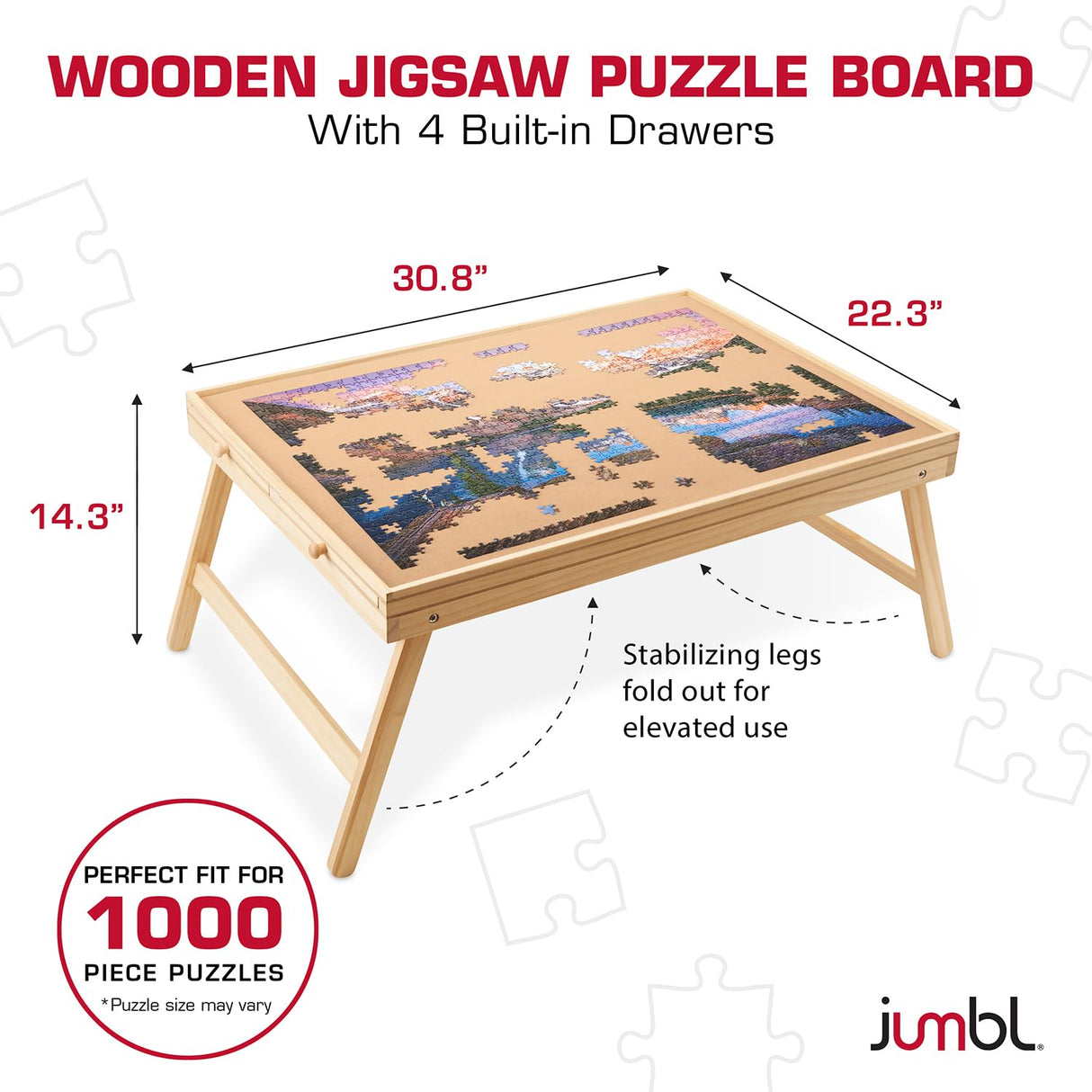 Jumbl 1000-Piece Puzzle Table with Drawers, Foldable Legs & Cover | Wooden Jigsaw Puzzle Board with Legs for Adults & Kids | Built to Last Jumbl