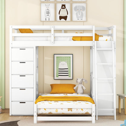 Versatile Twin Over Twin Bunk Bed with LED Light, USB Ports and Storage Solutions in White - WoodArtSupply