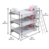 Badger Basket Scrollwork Metal Triple Doll Bunk Bed with Ladder and Bedding – Stylish Silver and Pink Stars Design for 18-Inch Dolls Badger Basket