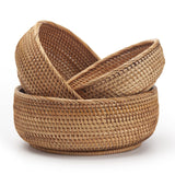 Round Rattan Fruit Baskets Woven Storage Bowls Key Holder Stackable for Shelf Kitchen Tabletop Natural Set of 3 DECRAFTS