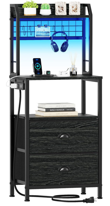 Furologee 41'' Tall Nightstand with Charging Station, Bedside Table with LED Lights, End Table with 2 Drawers and Storage Shelves, Night Stand with Pegboard for Bedroom, Living Room, Black Oak Furologee