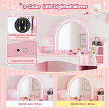 MU Kids Vanity with Lights, Princess Makeup Vanity Desk with Open Bookshelf, Storage Cabinet & Shelves, 2 in 1 Toddler Vanity Table & Chair Set with Lighted Mirror for Little Girls, Pink MU