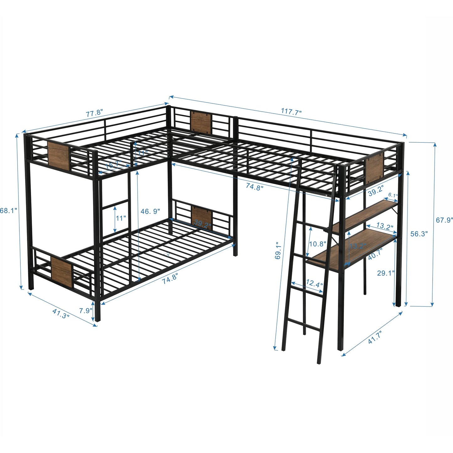 Metal Triple Bunk Bed with Desk and Shelf, L-Shaped Bunk Bed for 3 Kids Teens Adults, Twin Over Twin Bunk Bed with a Twin Size Loft Bed Attached – Brown