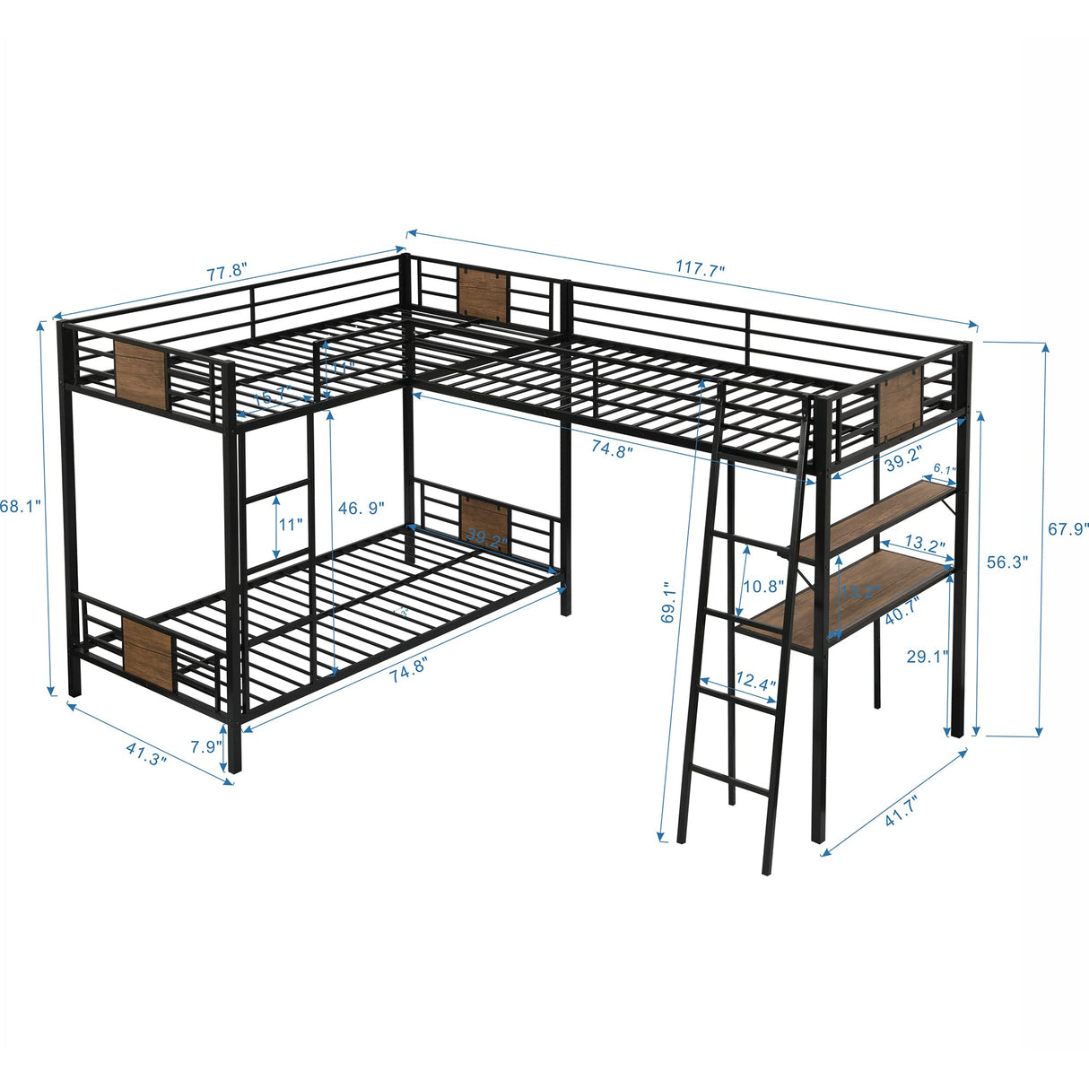 Polibi L-Shaped Metal Corner Bunk Bed with Two Ladders, Twin Over Twin Bunk Bed with Twin Loft Bed w/Desk and Shelf Polibi