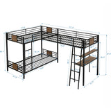 Merax Metal L-Shaped Twin Over Twin Bunk Bed with a Twin-Size Loft Bed Attached, Triple Bunk Bed with Desk and Shelf for Teens, Adults, Black and Brown Wood Merax