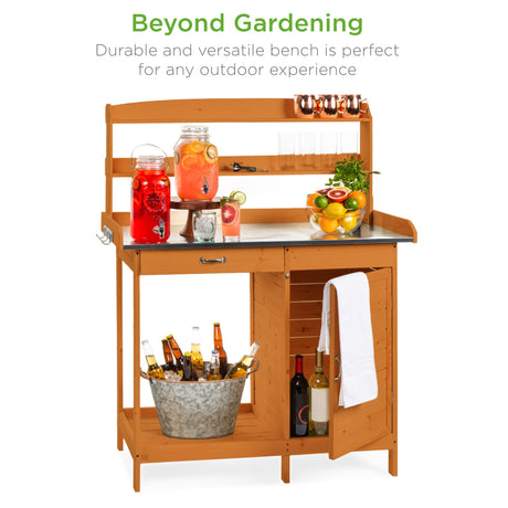 Best Choice Products Outdoor Garden Wooden Potting Bench Work Station w/Metal Table Top, Pre-Stained Finish, Cabinet, Sliding Drawer, Large Bottom Shelf - Brown Best Choice Products