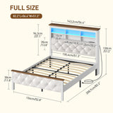 RALGEND Farmhouse Full Size Bed Frame with 51.2" Tall Storage Headboard, Upholstered Platform Bed Frame with Bookcase Headboard and LED Light, No Box Spring Needed, White and Walnut RALGEND