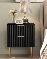 SICOTAS Black Night Stand Set 2, Wide Fluted Nightstand with 2 Drawers, Modern Glossy Storage Bedside Table for Bedroom, End Side Table with Golden Metal Legs and Handles SICOTAS