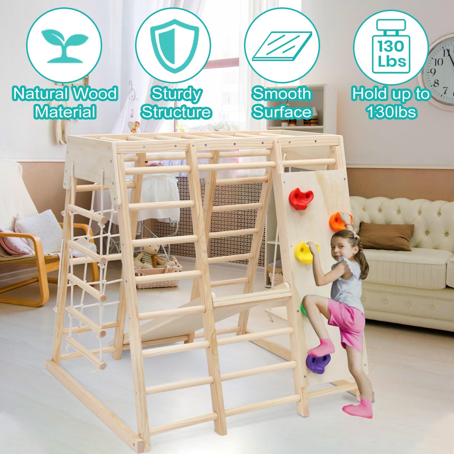 EDOSTORY 7 in 1 Pikler Indoor Playground Jungle Gym Playset, Wooden Montessori Climber with Slide, Rock Climb Wall, Monkey Bars, Rope Ladder, Climbing Rope and Swing for Kids（Natural）