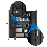 2025 Upgraded Wide & Deep Garage Storage Cabinet with Wheels, Lockable Metal Storage Cabinet with Pegboards and 9 Hooks, 2 Tool Pouches for Garage,4 Adjustable Shelves (Black,43''W x 22''D x 72''H) SUXXAN