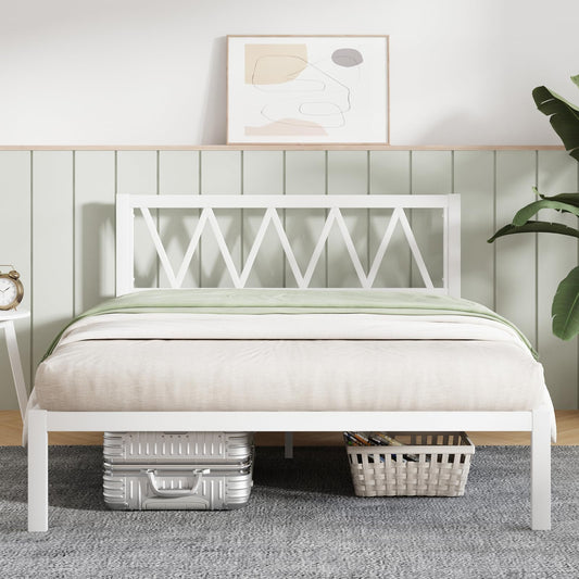 Novilla Heavy-Duty Queen Bed Frame with Headboard and Wooden Slat Support, Easy Assembly in White - WoodArtSupply