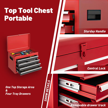 5-Drawers Large Tool Chest Tool Box Organizer with Lockable, 2-In-1 Detachable Tool Storage Cabinet with Wheels, Portable Expandable Tool Cart Toolbox with Drawers for Garage, Workstation, Workshop Flieghund