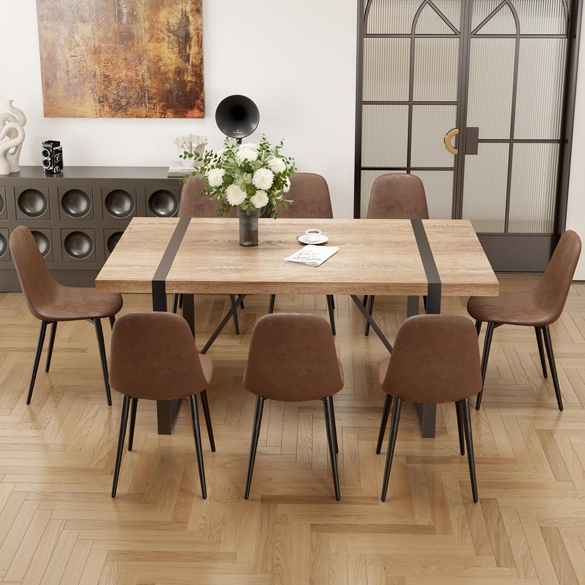 MUUOKY 9 Piece Dining Table Set,Modern 71'' Rectangle Wood Kitchen Table and Fabric Dining Chairs Set of 8,Dining Table Set for 8,Ideal for Kitchen Dining Room MUUOKY