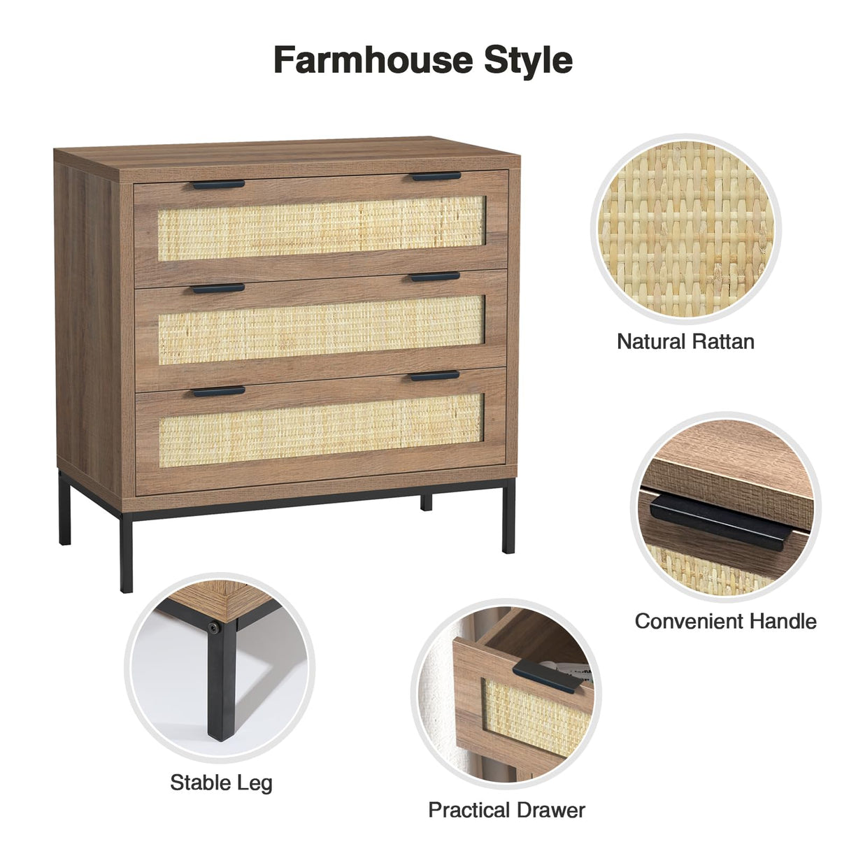 Anmytek 3 Drawer Dresser with Natural Rattan, Large Nightstand Dresser for Bedroom, Farmhouse Wood Closet Dressers Chest of Drawer with Storage Versatile Bedside Table, Rustic Oak,H0105 Anmytek