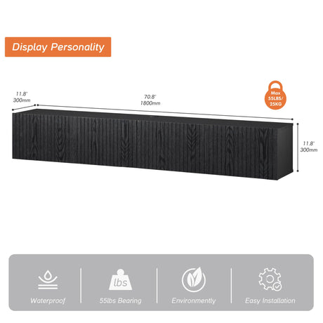 WAMPAT Floating TV Stand, Wall Mounted Shelf, Modern Floating Entertainment Center with 3 Fluted Flip-Down Doors, 70" Large Storage Media Console Wall Unit for Living Room,Bedroom, Black WAMPAT