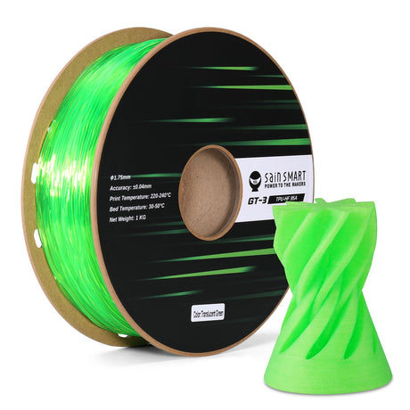 SainSmart TPU Filament 1.75mm, GT-3 Transparent Green Flexible 3D Printer Filament for High-Speed Printing 500mm/s, High Flowability, 2.2 LBS (1KG) Spool, Dimensional Accuracy +/- 0.04mm SainSmart