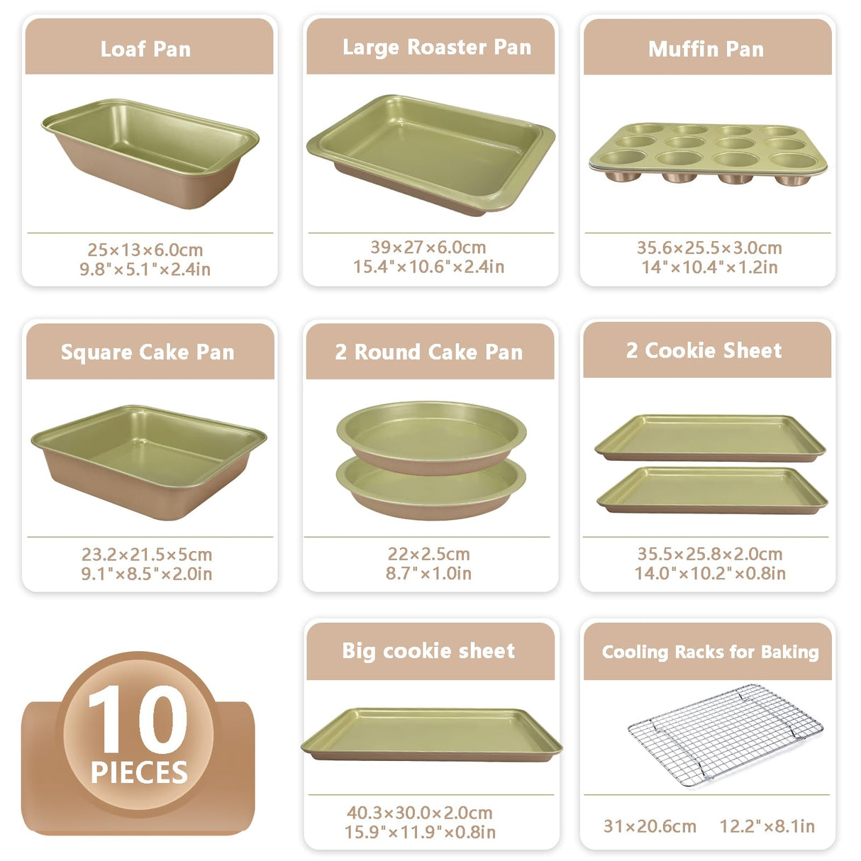 BETTERBEAUTY Nonstick Bakeware Set 10 Pcs, Professional Kitchen Bicolor Baking Pans Set with Cookie Sheets, Muffin Pan, Loaf Pan, Cake Pan and Cooling Rack, Dishwasher Safe, 0.8mm Thick, Heavy Duty BETTERBEAUTY