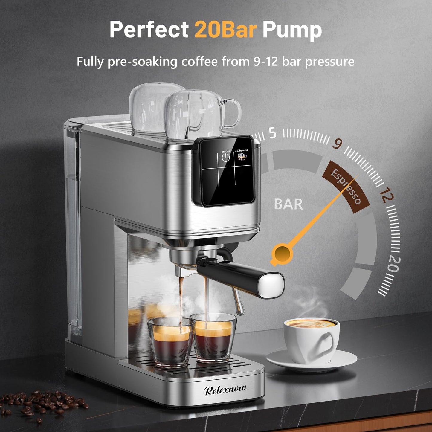 RELEXNOW Espresso Machine, 20 Bar Espresso Maker Milk Frother & LCD Panel, Hot & Iced Coffee Machine, Stainless Steel Espresso Coffee Machine with 41oz Water Tank for Cappuccino, Latte