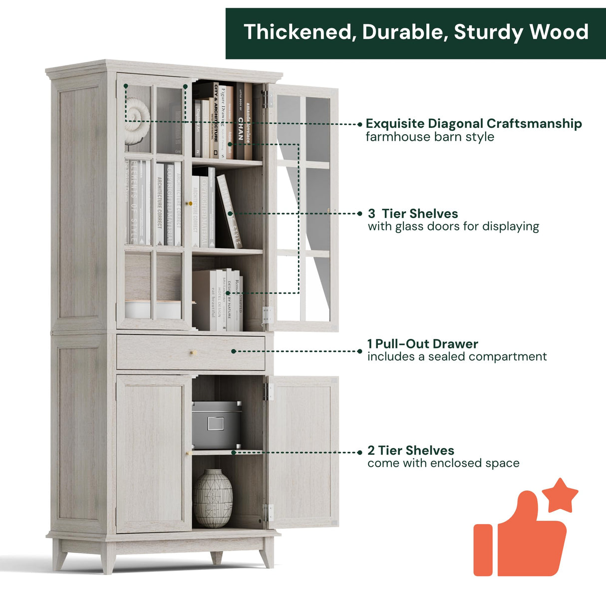 SunsGrove 73" White Oak Bookcase with Glass Doors & Drawer - Adjustable Shelf, Modern Classic Storage for Living Room, Home Office (4 Doors, Floor Standing) SunsGrove