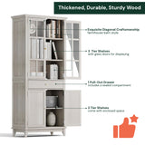 SunsGrove 73" White Oak Bookcase with Glass Doors & Drawer - Adjustable Shelf, Modern Classic Storage for Living Room, Home Office (4 Doors, Floor Standing) SunsGrove