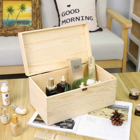 JJSQ Wooden Storage Box with Hinged Lid Rectangle Unfinished Unpainted Accessories Storage Wood Box for Crafts DIY Decoration Natural Large 13.8" x 7.9" x 7.1" JJSQYLAN