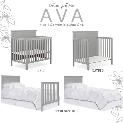 Dream On Me Ava 4-in-1 Convertible Mini Crib in Pebble Grey, 635-PG, Greenguard Gold Certified, Non-Toxic Finish, Comes with 1" Mattress Pad, with 3 Mattress Height Settings