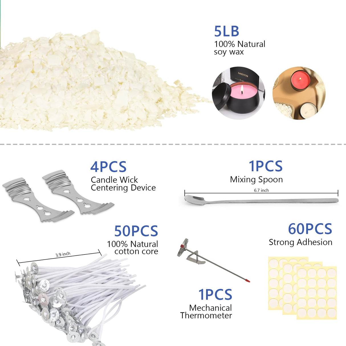 SAEUYVB Candle Making Kit Supplies, Natural Candle Wax for Candle Making - Soy Wax DIY Candle Making for Adults, Including 5lbs Soy Wax Flakes, Pouring Pot, Start Candle Kit for Adults, Beginners SAEUYVB
