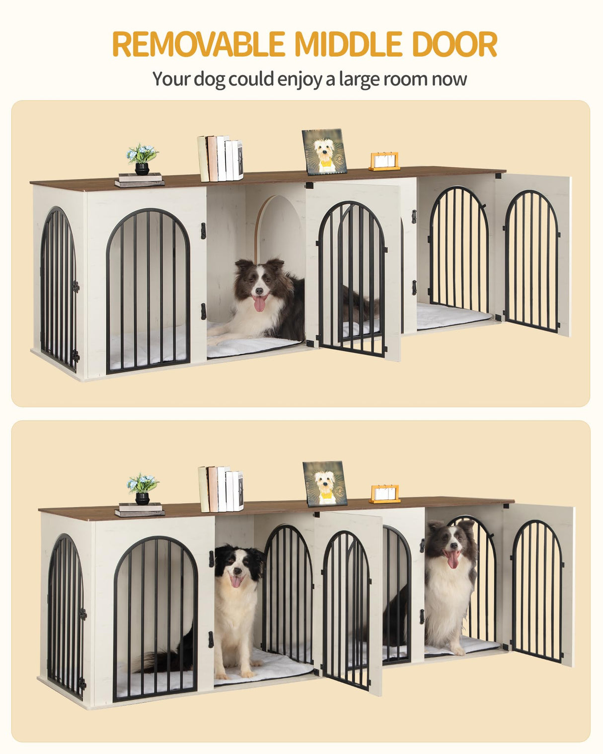 Hzuaneri 88.4" Dog Crate Furniture for 2 Dogs, Heavy Duty Indoor Dog Kennel TV Stand, XXL Wooden Dog Cage with Divider for Medium Large Dogs, End Table Dog Crate with Cushion, White Brown DFC84014BV1 Hzuaneri