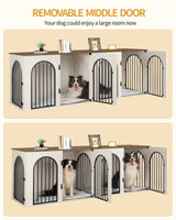 Hzuaneri 88.4" Dog Crate Furniture for 2 Dogs, Heavy Duty Indoor Dog Kennel TV Stand, XXL Wooden Dog Cage with Divider for Medium Large Dogs, End Table Dog Crate with Cushion, White Brown DFC84014BV1 Hzuaneri