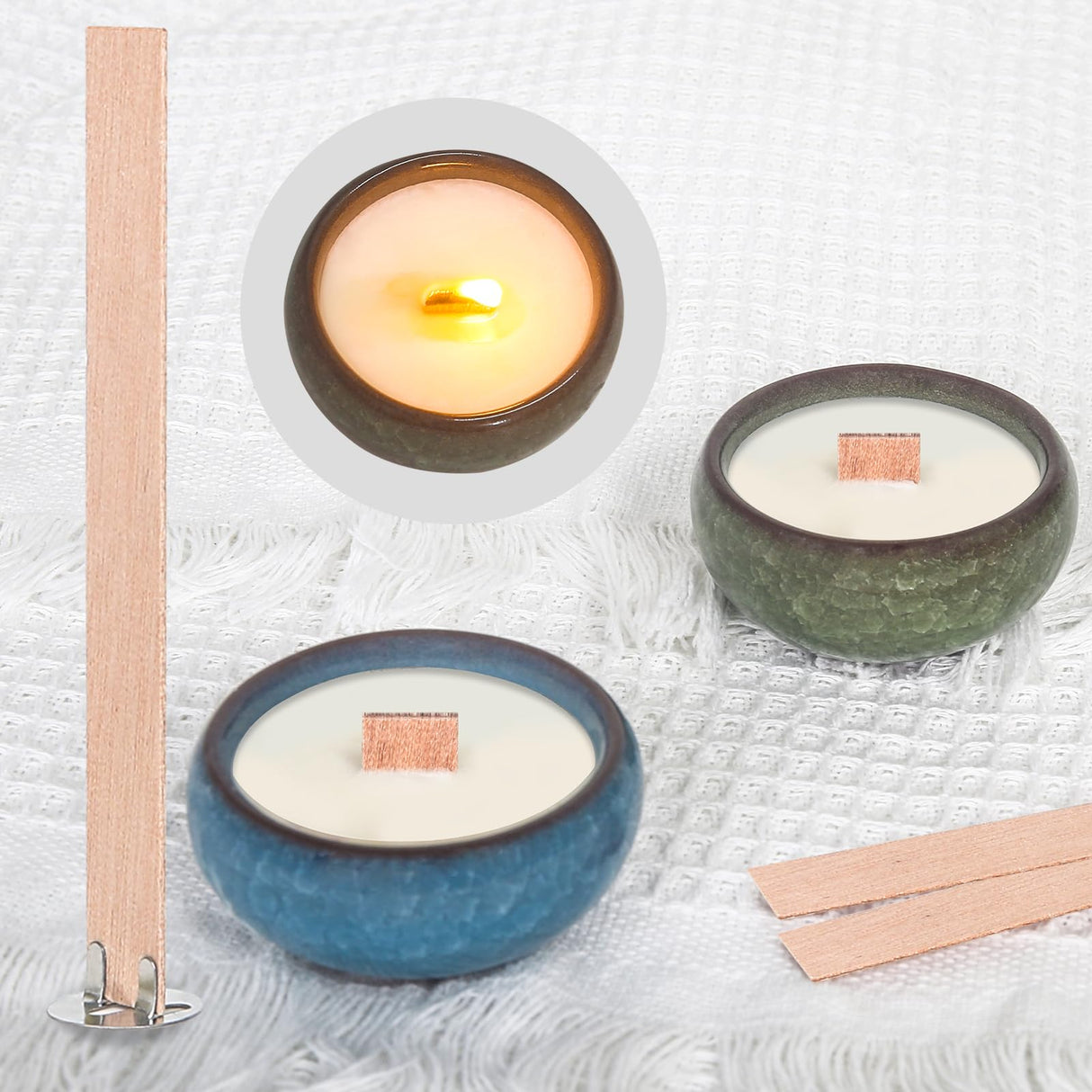 BENIMUS 150 Pcs Wood Candle Wicks Set, 5.1 X 0.5 X 0.06 Inch Naturally Smokeless Wood Wicks for Candle Making, Wooden Wicks with Glue Dot and Colored Crystal for Candle Making BENIMUS