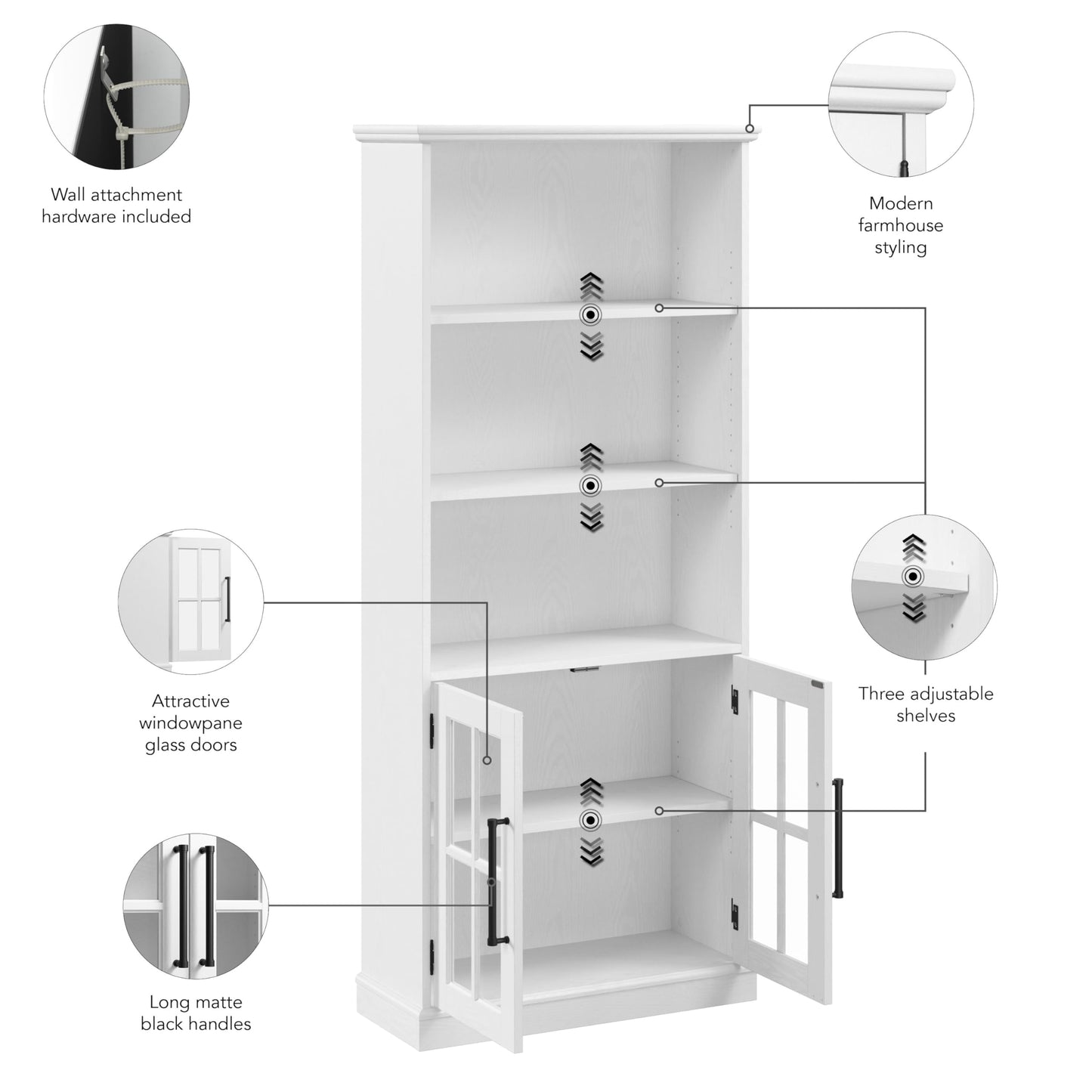 Bush Furniture Westbrook Modern Farmhouse 5 Shelf Bookcase with Glass Doors - Set of 2 in White Ash - WoodArtSupply