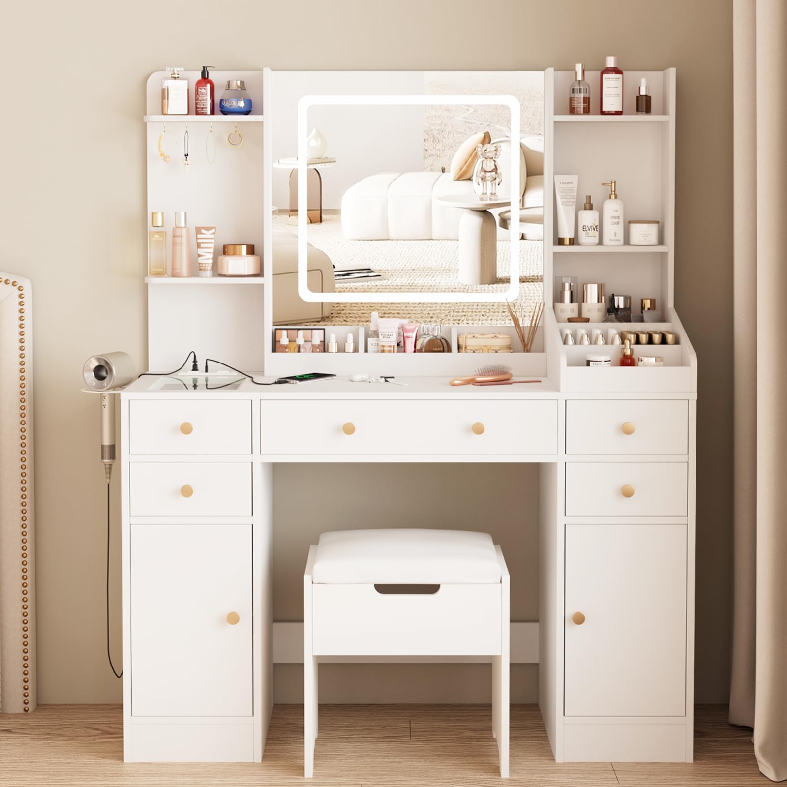 Vabches Vanity Desk with Lights, Makeup Vanity Table with Charging Station, 44.9in Big Vanity Set with 5 Drawers & Lots Storage Space, White - WoodArtSupply