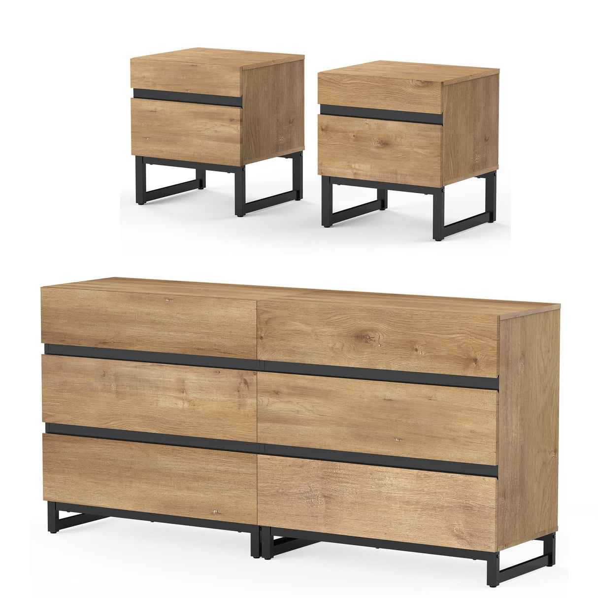 WAMPAT 3 Piece Dresser and Nightstand Sets, 63 Inches Dresser &Chest with 6 Drawers, 2 Nightstand with 2 Drawers, Side Table for Bedroom, Bedroom Furniture Set, Oak WAMPAT