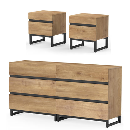 WAMPAT 3 Piece Dresser and Nightstand Sets, 63 Inches Dresser &Chest with 6 Drawers, 2 Nightstand with 2 Drawers, Side Table for Bedroom, Bedroom Furniture Set, Oak - WoodArtSupply