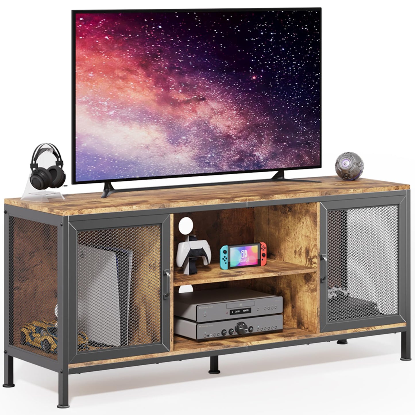 Gizoon TV Stand for TV up to 65 Inch with Storage, 3-Tier Wooden TV Console Table with Doors and Shelf, Modern Gaming Entertainment Center for Living Room Game Room or Home Office, Rustic Bro - WoodArtSupply