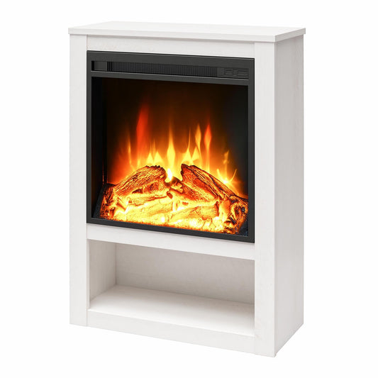 Ameriwood Home Clermont 22 Inch Electric Fireplace with Mantel and Shelf, Replaceable Fireplace Insert Heater, Realistic Log and Flame Effect, for Living Room or Bedroom, Ivory Oak