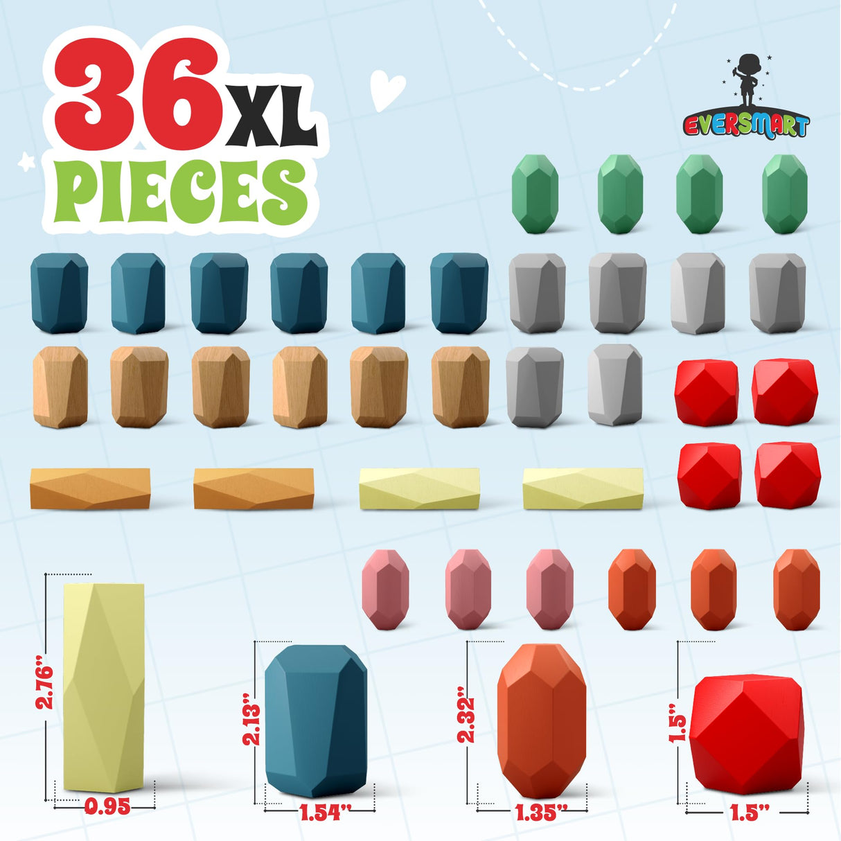EVERSMART 36 Pcs Wooden Stacking Blocks – Montessori Toys for 1 2 3 4 5 6 Year Old Toddlers and Kids, XL Rocks, No Choking Hazard – Sensory STEM Building Stones, Girl or Boy Birthday Gifts EVERSMART