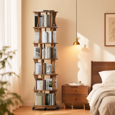 6 Tier Solid Wood Rotating Bookshelf with Wheels, Round Revolving Bookcase Organizer, 360° Spinning Storage Shelf for Corner, Small Narrow Spaces, Home, Office, BedRoom,Living Room,Study Room Drogenble