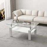 Glass Coffee Table for Living Room, Modern Coffee Table with Transparent Tempered Glass Top and White Metal Legs, Rectangle Tea Table for Home Meihua