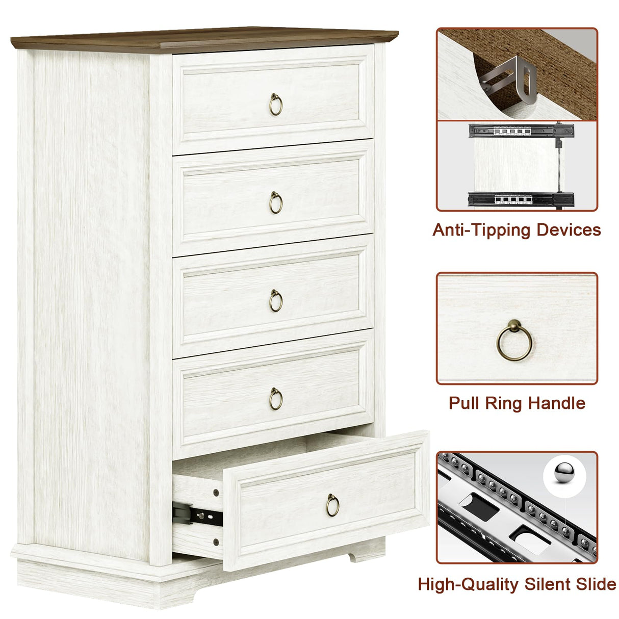REDAYFUR Chest of Drawers, Double Anti-tip, 5 Drawers Dresser, Dresser Organizer for Bedroom, Living Room, Hallway, White REDAYFUR