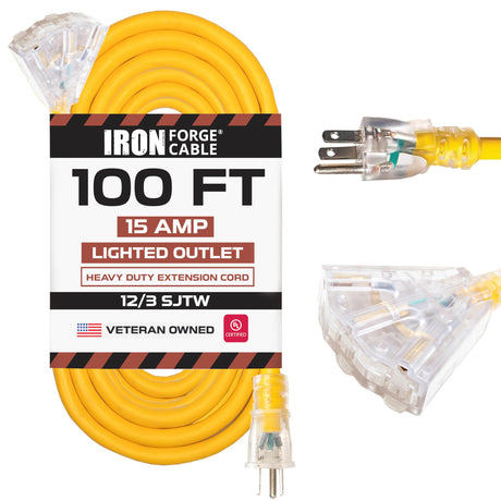 Iron Forge Cable 100ft Outdoor Extension Cord, Lighted with 3 Electrical Power Outlets - 12/3 Gauge SJTW Heavy Duty Extension Cable, Yellow, 15 AMP - 3 Pronged with Grounded Plug for Improved Safety Iron Forge Cable