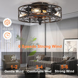 SHLUCE Caged Flush Mount Ceiling Fan with Lights, Farmhouse Rustic Bladeless Ceiling Fans with Lights and Remote, Low Profile Small Enclosed Ceiling Fan with Light for Bedroom, Kitchen, Black SHLUCE