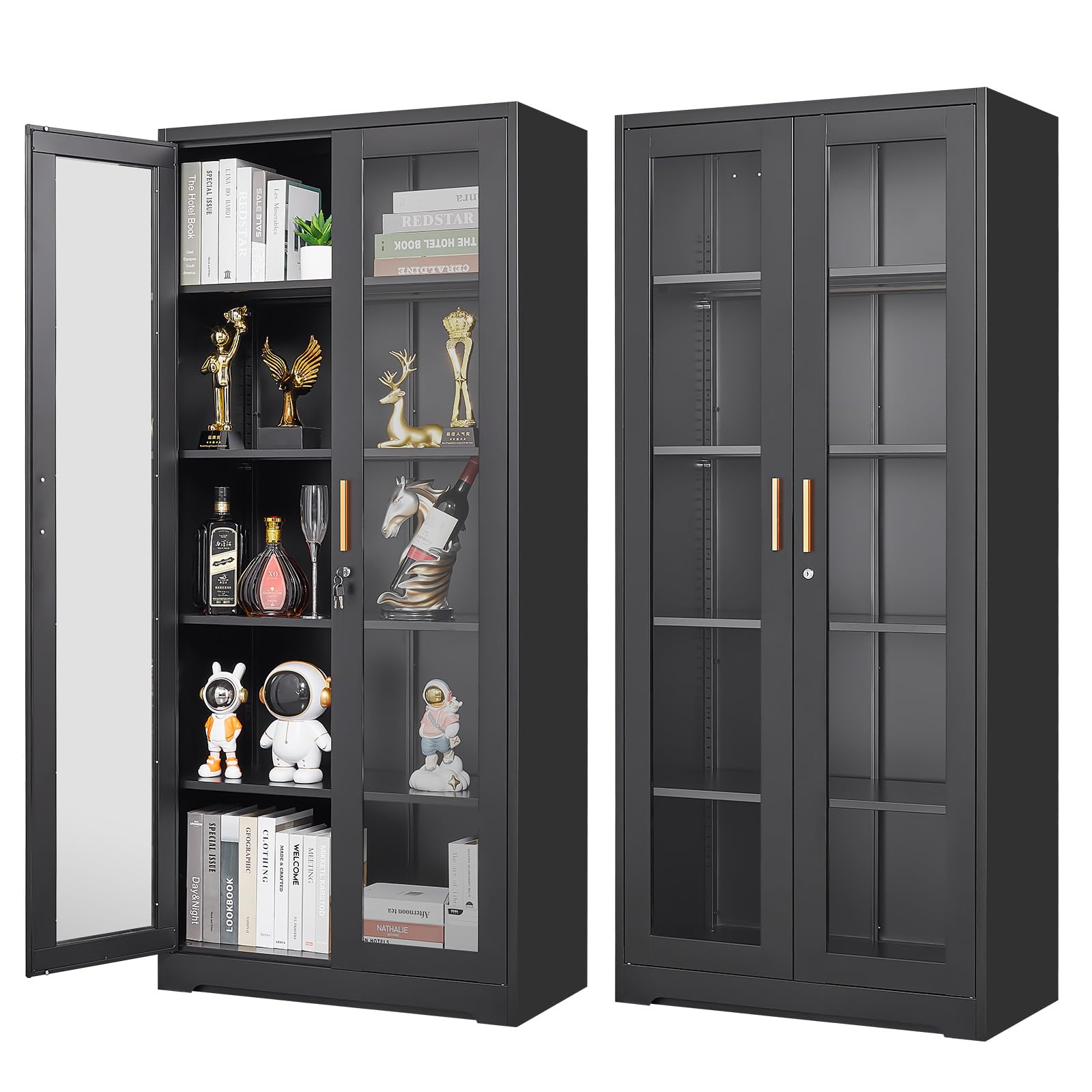 Polup Display Cabinet with Glass Doors, Black Curio Cabinet with Lock, 71“ Tall Display Case for Living Room, Bookcase for Home, Clinic, School (Black)- Assemble Required - WoodArtSupply