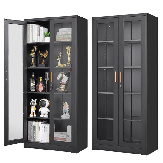 Polup Display Cabinet with Glass Doors, Black Curio Cabinet with Lock, 71“ Tall Display Case for Living Room, Bookcase for Home, Clinic, School (Black)- Assemble Required - WoodArtSupply