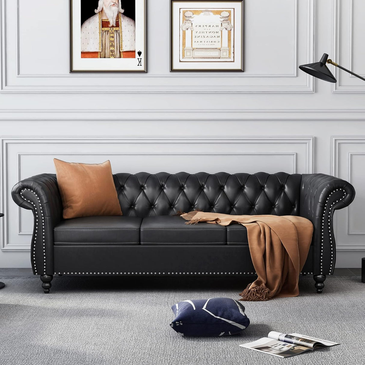 AVZEAR Chesterfield Leather Sofa 3 Seater Couch, Mid-Century Large Sofa Roll Arm Classic Tufted Settee Modern PU Sofa with Channel Tufted Seat Back for Living Room, Office, Apartment, PU Black AVZEAR