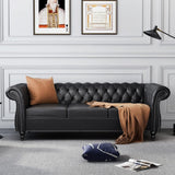 AVZEAR Chesterfield Leather Sofa 3 Seater Couch, Mid-Century Large Sofa Roll Arm Classic Tufted Settee Modern PU Sofa with Channel Tufted Seat Back for Living Room, Office, Apartment, PU Black AVZEAR